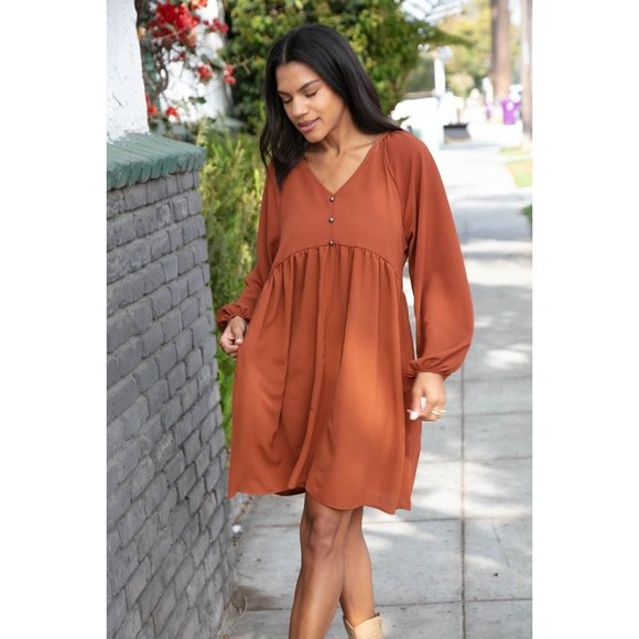 Rust Crepe V Neck Raglan Babydoll Dress - Picture 10 of 12